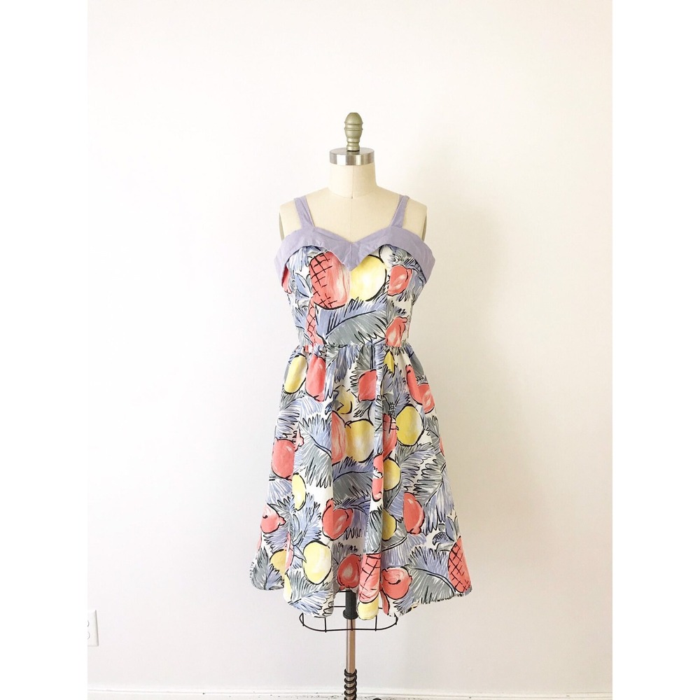 Vintage Tropical Fruit Dress Lavender Pineapple Print Rockabilly Fit Flare - Picture 2 of 8